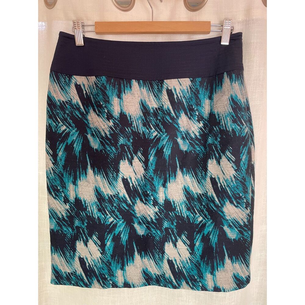 Janaโ Kos Blue Gray Abstract Print Skirt Size 6 Made in USA Tulip Style EUC